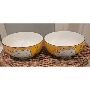 Cat Hand-Painted 7” QiZhen Lucky Cat Japanese, Maneki  Noodle/Rice Bowls Yellow